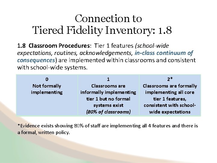Connection to Tiered Fidelity Inventory: 1. 8 Classroom Procedures: Tier 1 features (school-wide expectations,