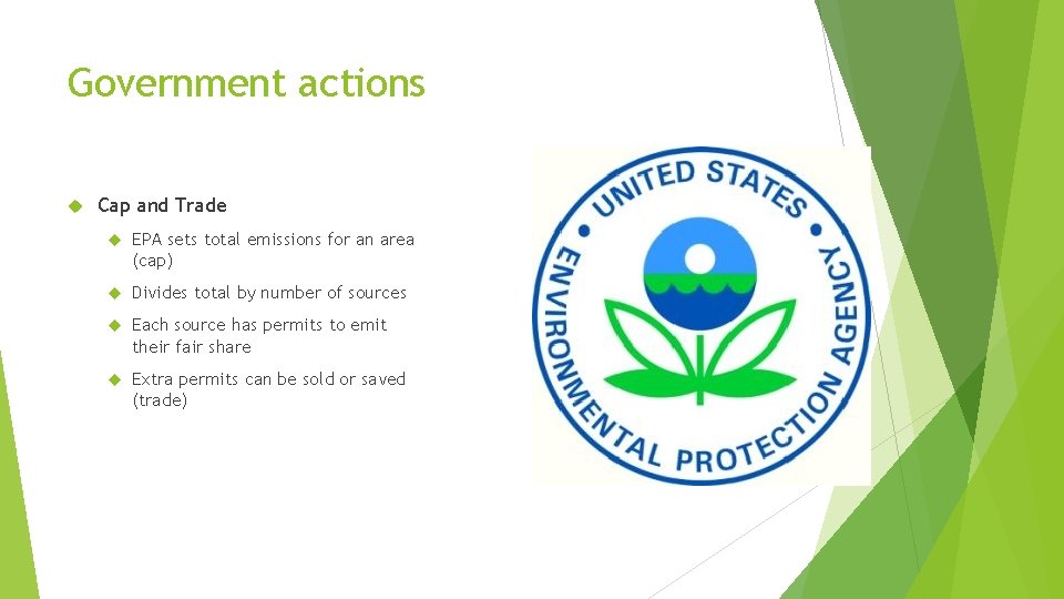 Government actions Cap and Trade EPA sets total emissions for an area (cap) Divides