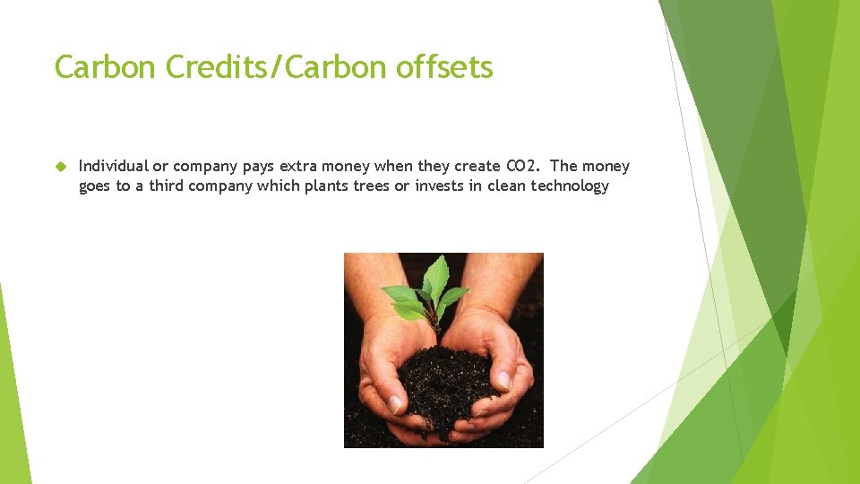 Carbon Credits/Carbon offsets Individual or company pays extra money when they create CO 2.