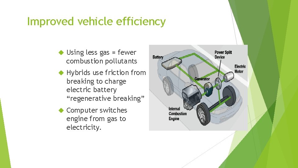Improved vehicle efficiency Using less gas = fewer combustion pollutants Hybrids use friction from