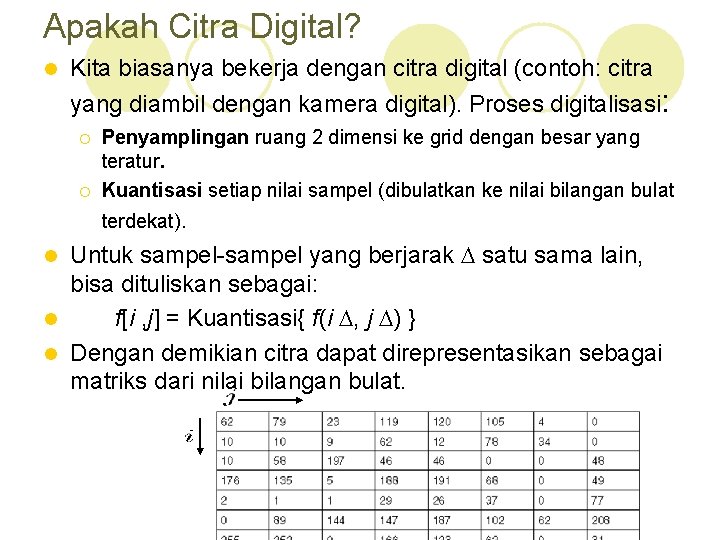 Apakah Citra Digital? l Kita biasanya bekerja dengan citra digital (contoh: citra yang diambil
