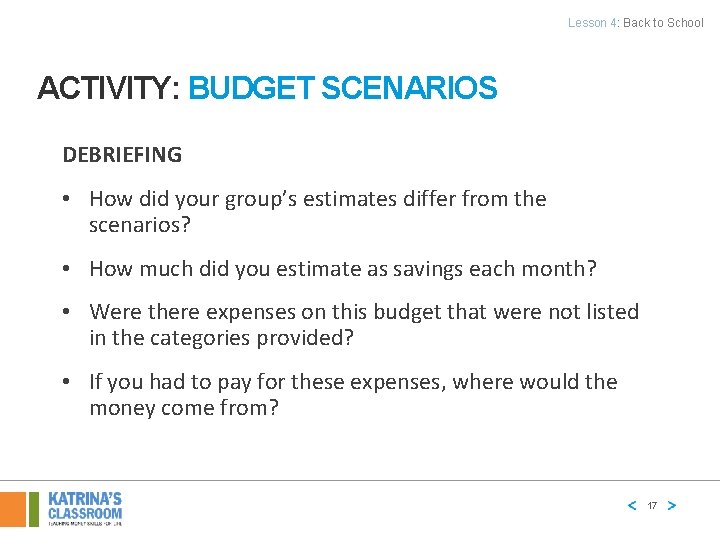 Lesson 4: Back to School ACTIVITY: BUDGET SCENARIOS DEBRIEFING • How did your group’s