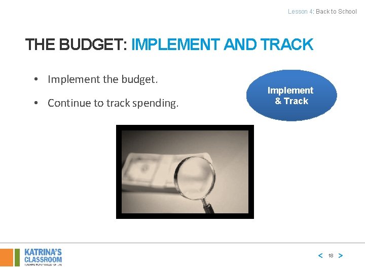 Lesson 4: Back to School THE BUDGET: IMPLEMENT AND TRACK • Implement the budget.