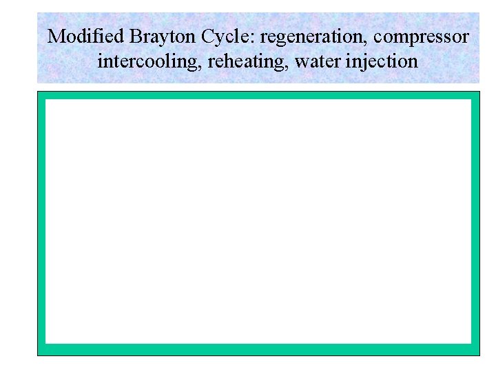 Modified Brayton Cycle: regeneration, compressor intercooling, reheating, water injection 