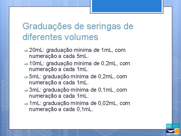 Graduações de seringas de diferentes volumes 20 m. L: graduação mínima de 1 m.