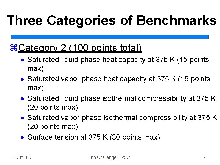 Three Categories of Benchmarks z. Category 2 (100 points total) · Saturated liquid phase