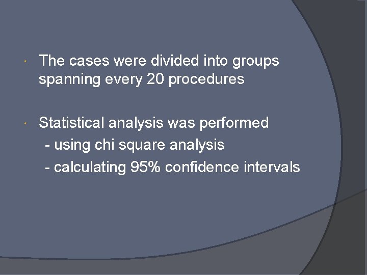  The cases were divided into groups spanning every 20 procedures Statistical analysis was