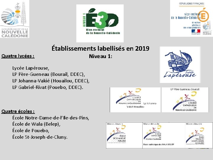 Quatre lycées : Établissements labellisés en 2019 Niveau 1: Lycée Lapérouse, LP Père-Gueneau (Bourail,