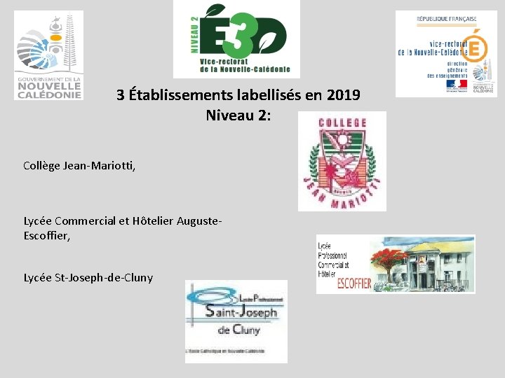3 Établissements labellisés en 2019 Niveau 2: Collège Jean-Mariotti, Lycée Commercial et Hôtelier Auguste.