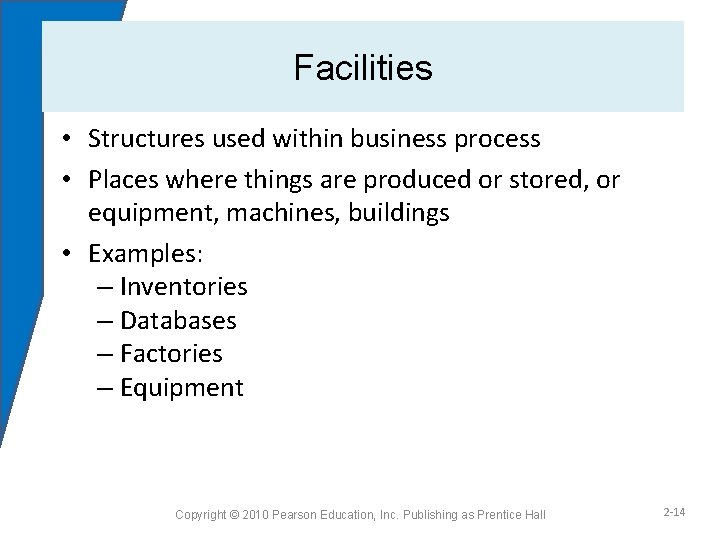 Facilities • Structures used within business process • Places where things are produced or