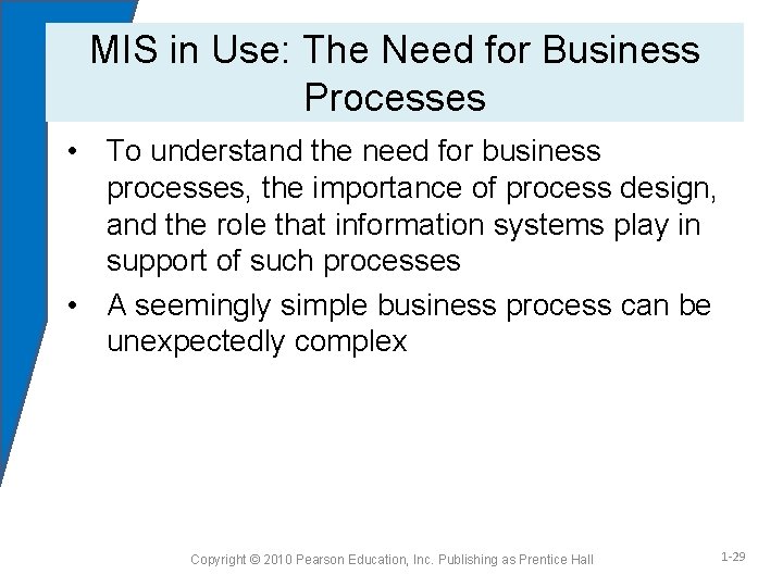 MIS in Use: The Need for Business Processes • To understand the need for