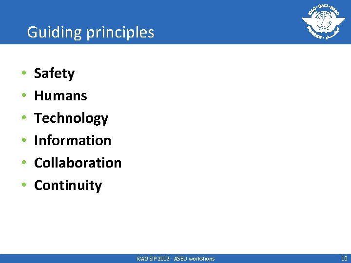 Guiding principles • • • Safety Humans Technology Information Collaboration Continuity ICAO SIP 2012