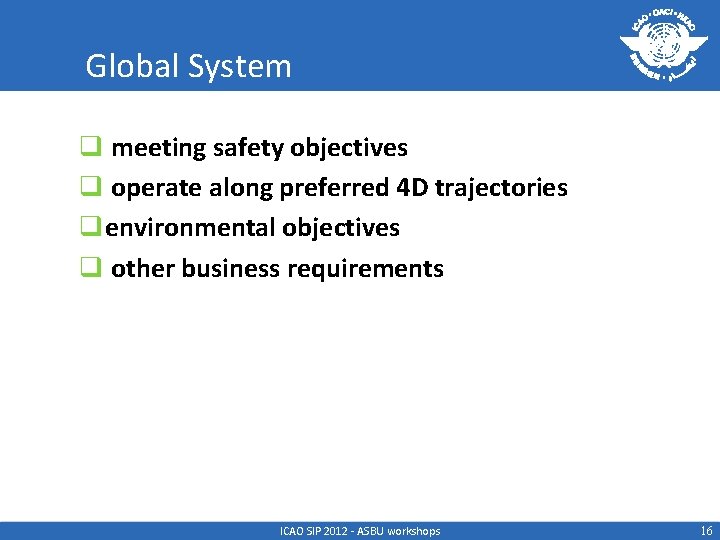 Global System q meeting safety objectives q operate along preferred 4 D trajectories qenvironmental