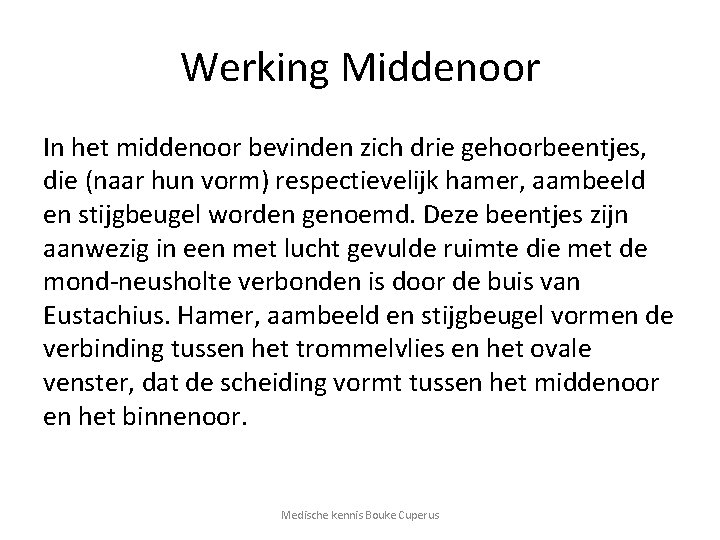 Werking Middenoor In het middenoor bevinden zich drie gehoorbeentjes, die (naar hun vorm) respectievelijk