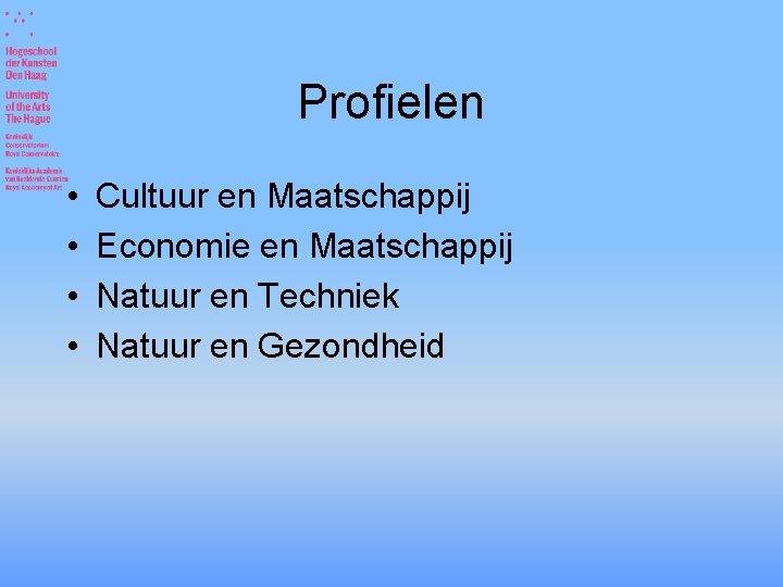 Profielen • • Cultuur en Maatschappij Economie en Maatschappij Natuur en Techniek Natuur en