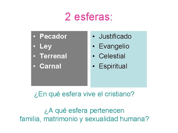 2 esferas: • • Pecador Ley Terrenal Carnal • • Justificado Evangelio Celestial Espiritual