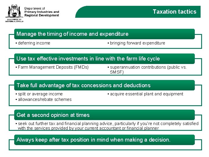 Taxation tactics Manage the timing of income and expenditure • deferring income • bringing