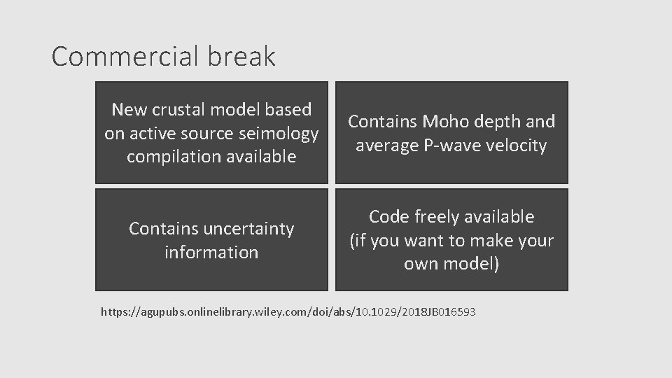 Commercial break New crustal model based on active source seimology compilation available Contains Moho