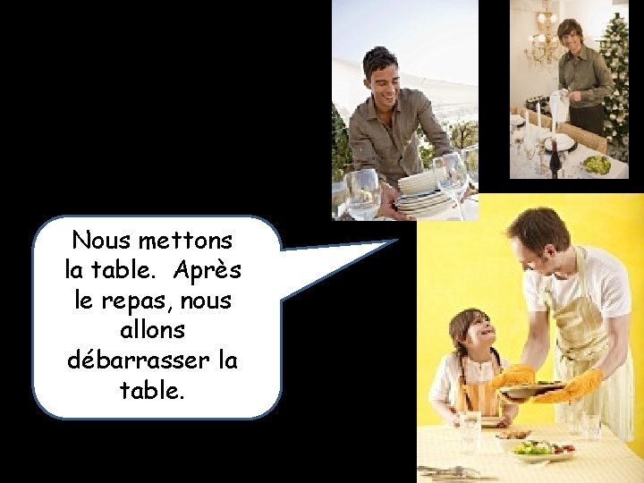 Nous mettons la table. Après le repas, nous allons débarrasser la table. 