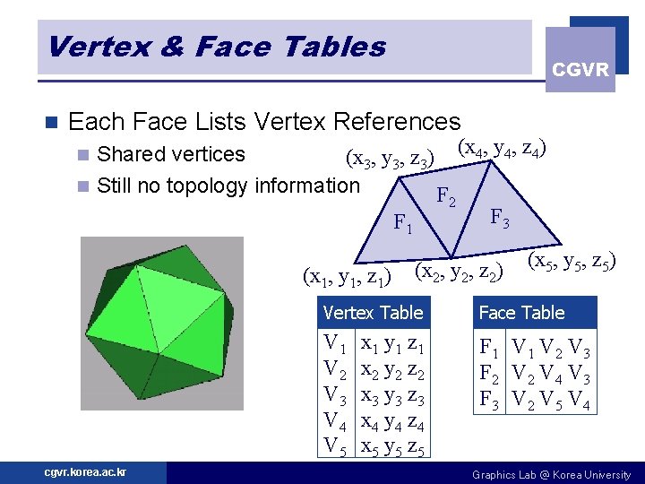 Vertex & Face Tables n CGVR Each Face Lists Vertex References Shared vertices (x