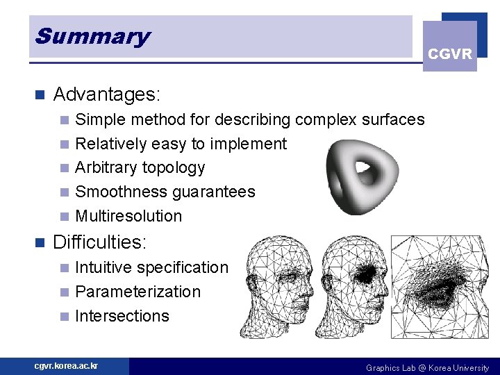 Summary n Advantages: n n n CGVR Simple method for describing complex surfaces Relatively