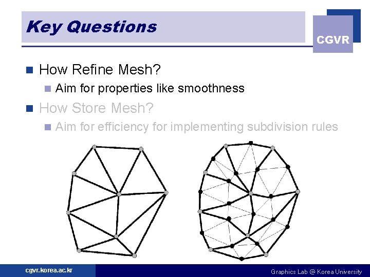 Key Questions n How Refine Mesh? n n CGVR Aim for properties like smoothness