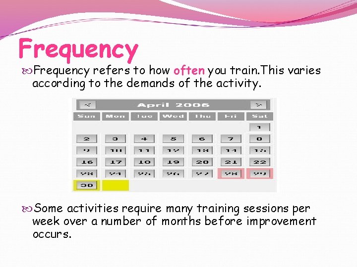 Frequency refers to how often you train. This varies according to the demands of