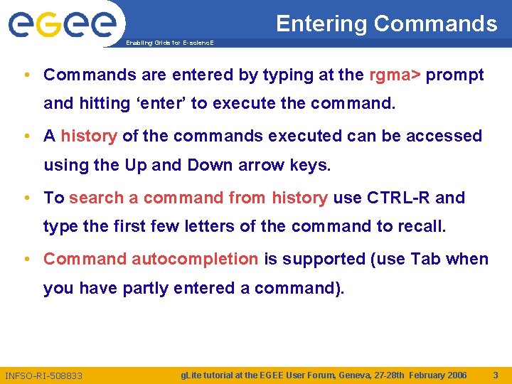 Entering Commands Enabling Grids for E-scienc. E • Commands are entered by typing at