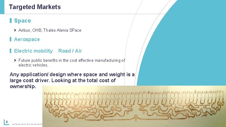 Targeted Markets ▌ Space Airbus, OHB, Thales Alenia SPace ▌ Aerospace ▌ Electric mobility