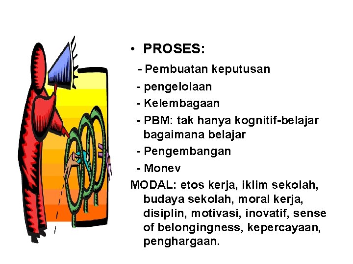  • PROSES: - Pembuatan keputusan - pengelolaan - Kelembagaan - PBM: tak hanya