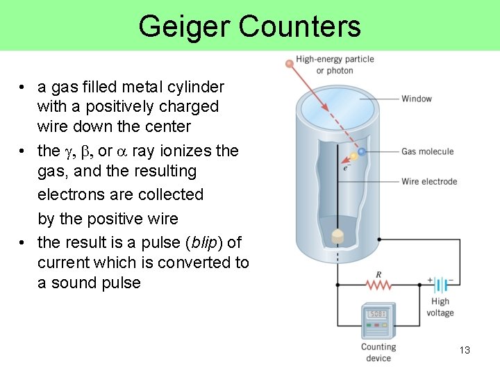 Geiger Counters • a gas filled metal cylinder with a positively charged wire down