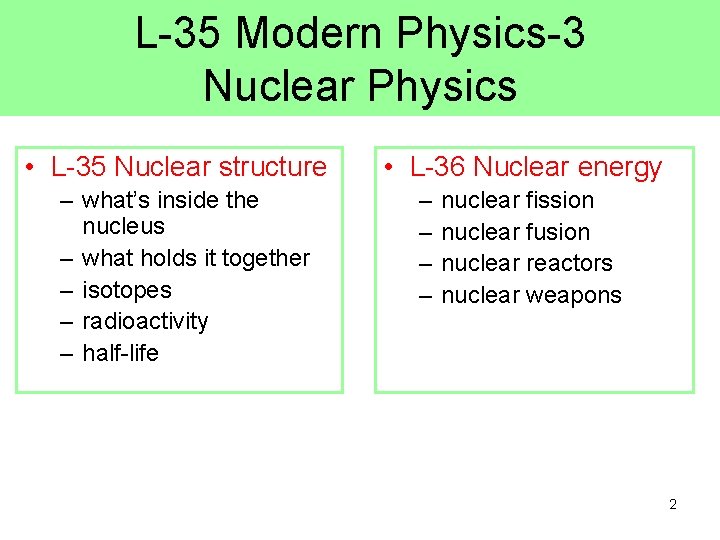 L-35 Modern Physics-3 Nuclear Physics • L-35 Nuclear structure – what’s inside the nucleus