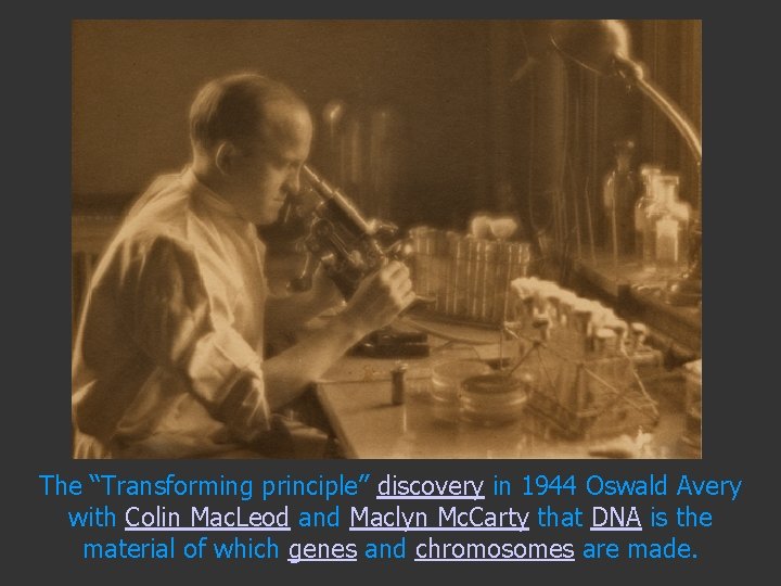The “Transforming principle” discovery in 1944 Oswald Avery with Colin Mac. Leod and Maclyn