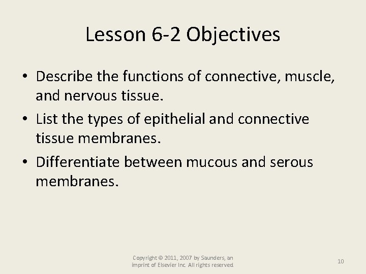 Lesson 6 -2 Objectives • Describe the functions of connective, muscle, and nervous tissue.