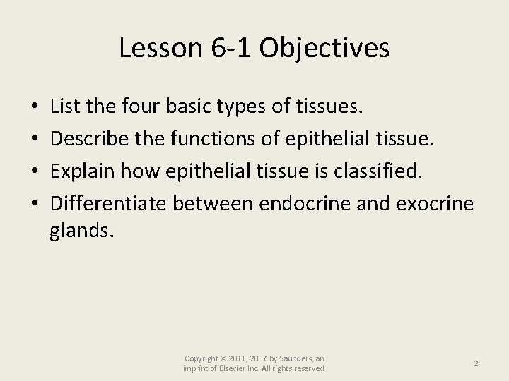 Lesson 6 -1 Objectives • • List the four basic types of tissues. Describe