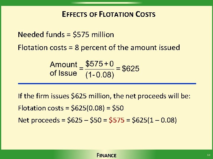 EFFECTS OF FLOTATION COSTS Needed funds = $575 million Flotation costs = 8 percent