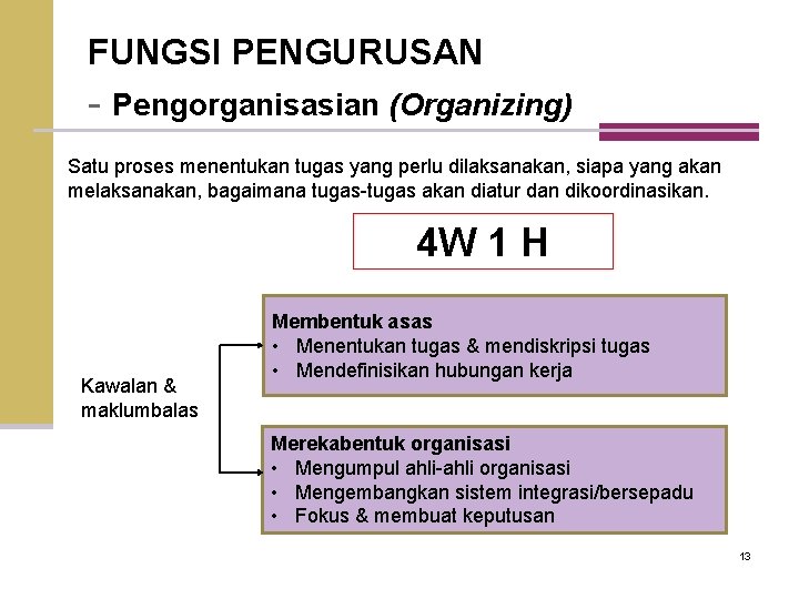 FUNGSI PENGURUSAN - Pengorganisasian (Organizing) Satu proses menentukan tugas yang perlu dilaksanakan, siapa yang