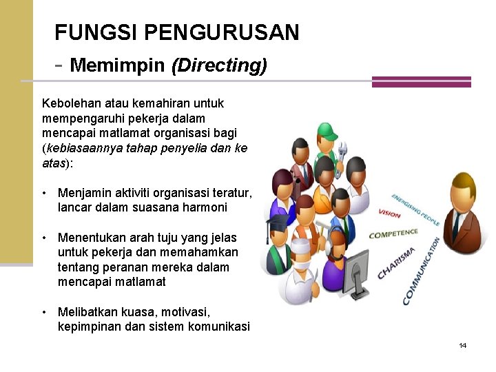 FUNGSI PENGURUSAN - Memimpin (Directing) Kebolehan atau kemahiran untuk mempengaruhi pekerja dalam mencapai matlamat