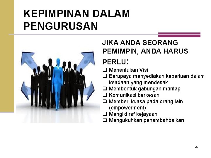 KEPIMPINAN DALAM PENGURUSAN JIKA ANDA SEORANG PEMIMPIN, ANDA HARUS PERLU: q Menentukan Visi q