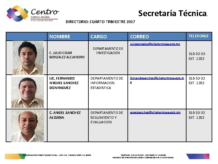 Secretaría Técnica. DIRECTORIO: CUARTO TRIMESTRE 2017 NOMBRE CARGO CORREO TELEFONO juliogonzalez@villahermosa. gob. mx DEPARTAMENTO