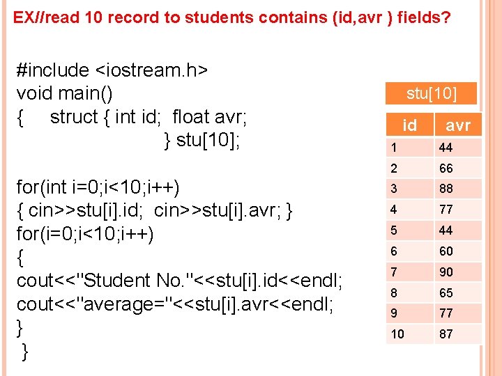 EX//read 10 record to students contains (id, avr ) fields? #include <iostream. h> void