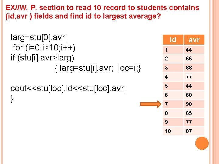 EX//W. P. section to read 10 record to students contains (id, avr ) fields