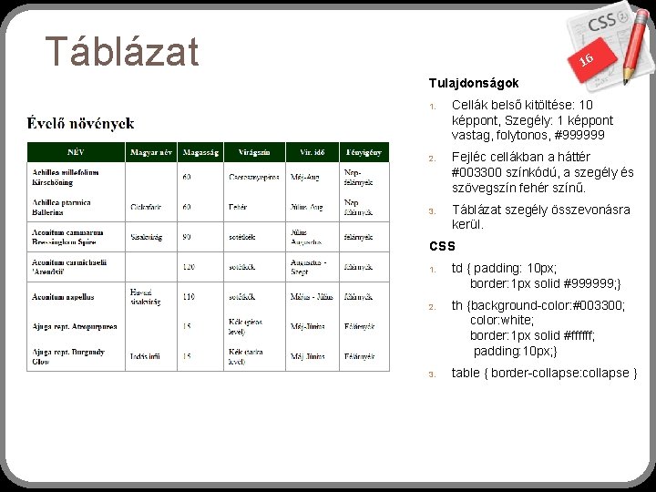 Táblázat 16 Tulajdonságok 1. 2. 3. Cellák belső kitöltése: 10 képpont, Szegély: 1 képpont