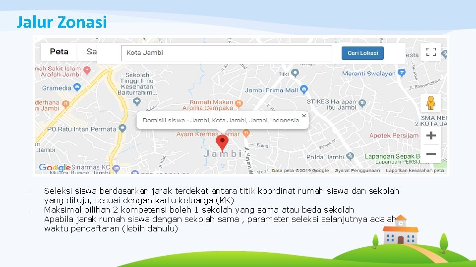 Jalur Zonasi • • • Seleksi siswa berdasarkan jarak terdekat antara titik koordinat rumah