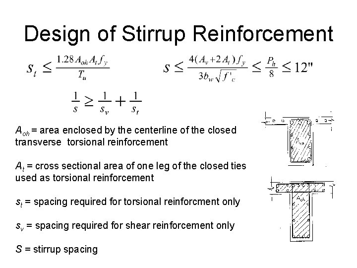 Design of Stirrup Reinforcement Aoh = area enclosed by the centerline of the closed