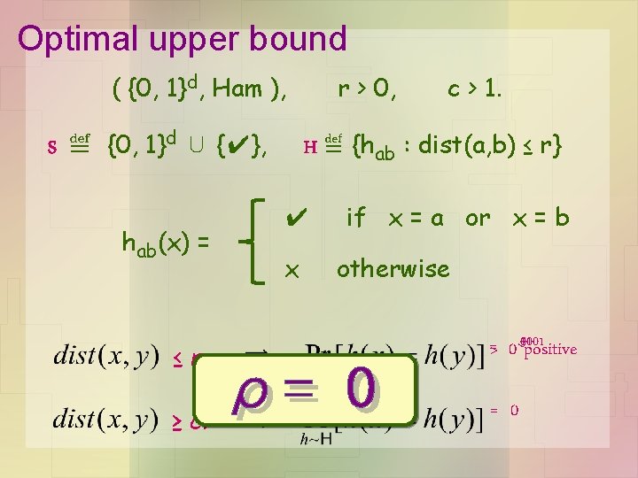 Optimal upper bound ( {0, 1}d, Ham ), S ≝ {0, 1}d ∪ {✔},