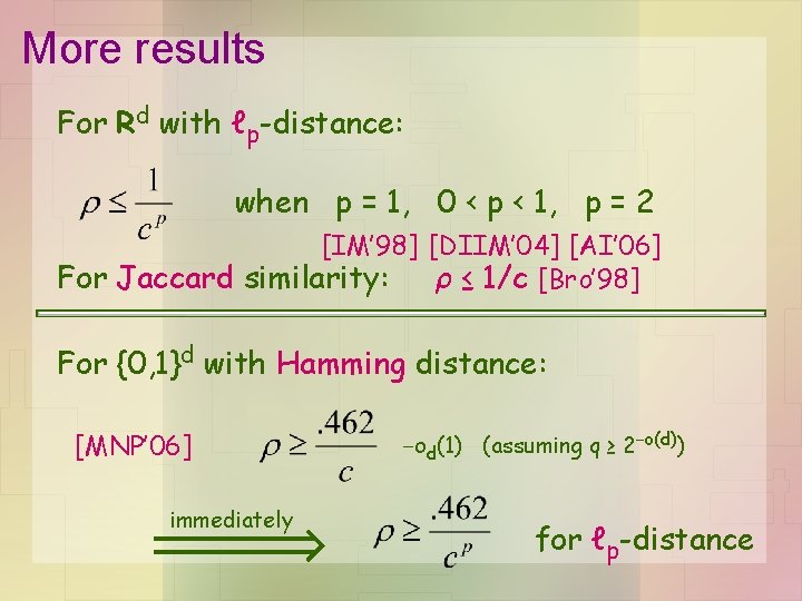 More results For Rd with ℓp-distance: when p = 1, 0 < p <