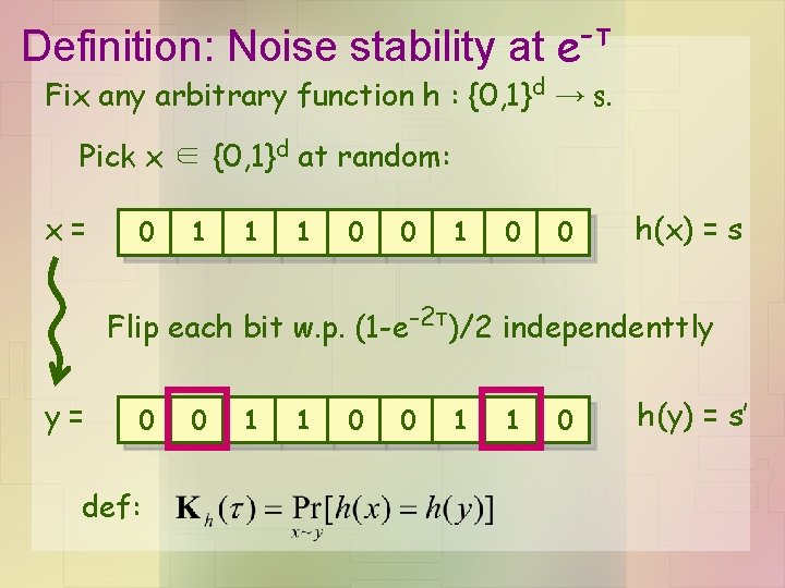 Definition: Noise stability at -т e Fix any arbitrary function h : {0, 1}d