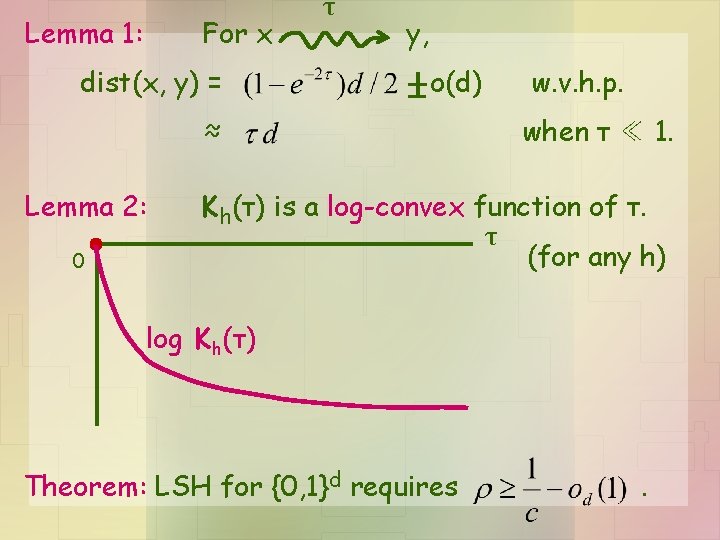 Lemma 1: For x dist(x, y) = τ y, o(d) ≈ Lemma 2: 0