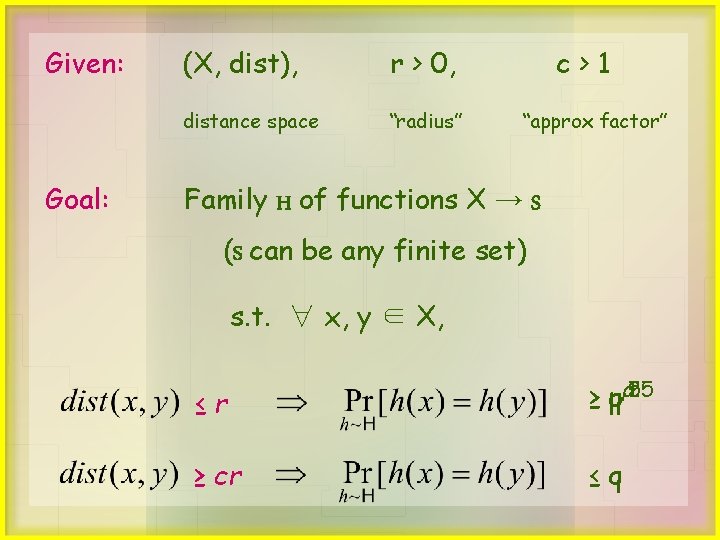 Given: Goal: (X, dist), r > 0, distance space “radius” c>1 “approx factor” Family